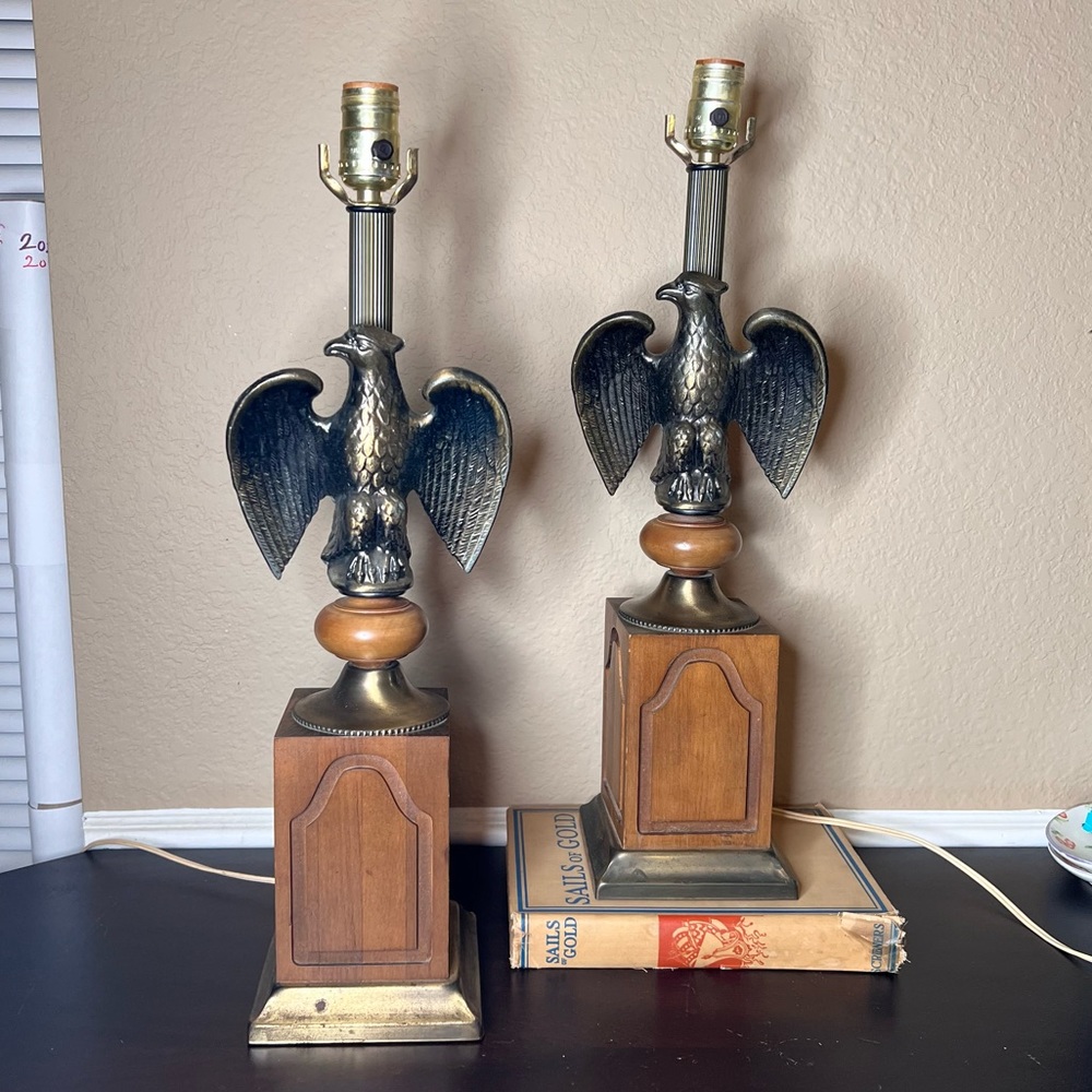 Vintage 1970’s Federal Style Pair American Eagle Lamps, Solid Wood, Brass, Ameri